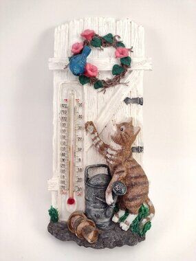 3D Resin Thermometer Orange Striped Cat Garden Pots Wall Art Decor Flowers